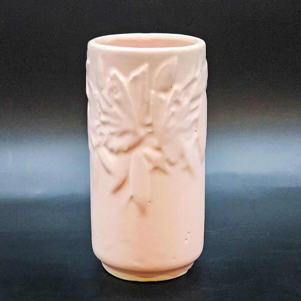McCoy Pottery Butterfly Vase Pink Matte Cylinder 1940s Vintage